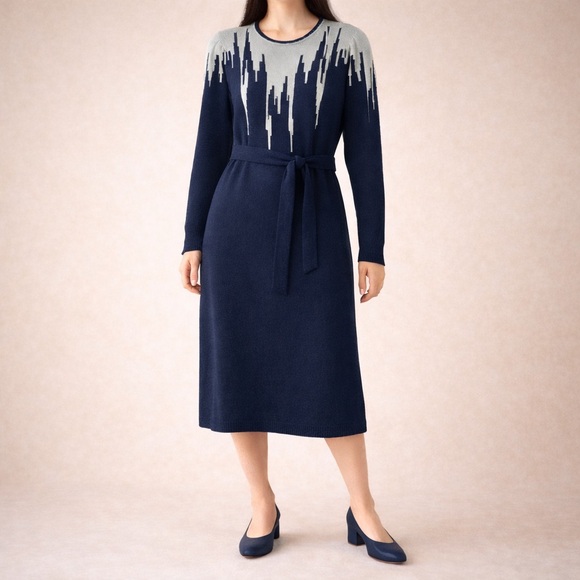 Vintage Dresses & Skirts - Vintage 80s Knit Sweater Dress Navy Blue Grey Long Sleeve Belted Size Medium